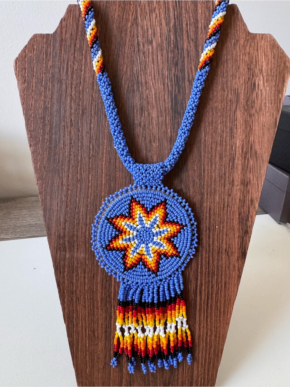 Hand Beaded Star Medallion Necklace with Fringe